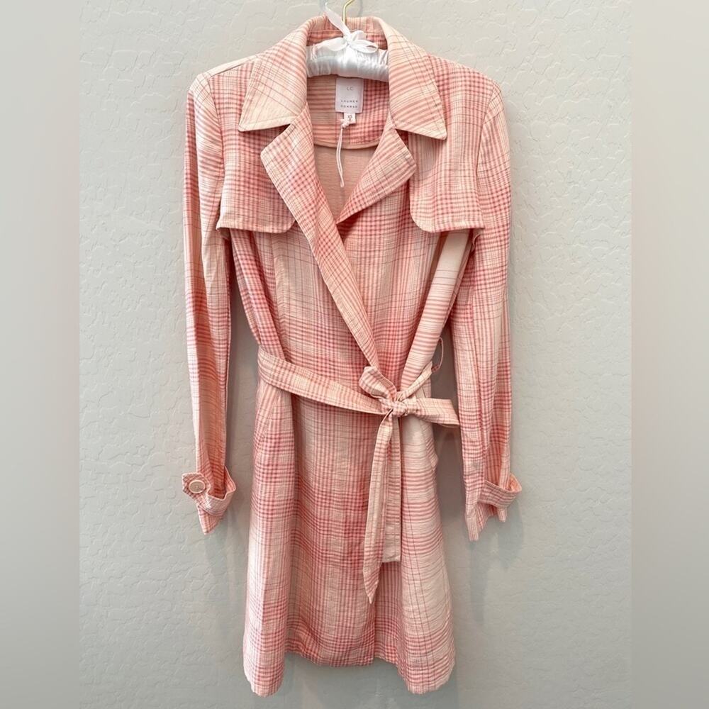 LAUREN CONRAD | Pink Lightweight Plaid Trench Coat Belted Spring Jacket | XS